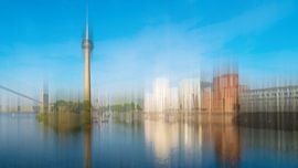 panorama abstract multiple exposure media harbour Düsseldorf with Gehry buildings and television tow by Dieter Walther