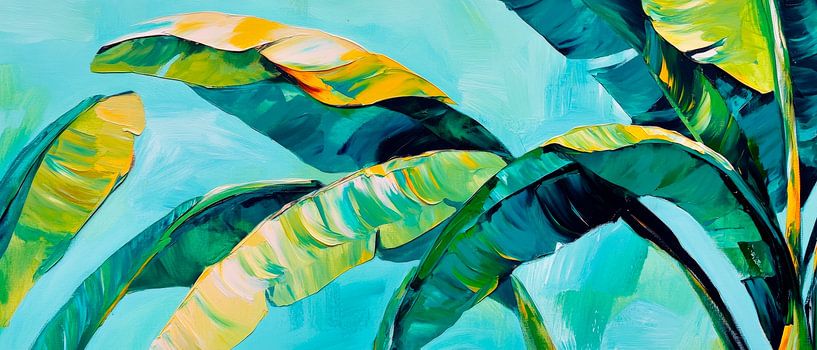 Tropical leaves in a cool teal colour by Poster Art Shop