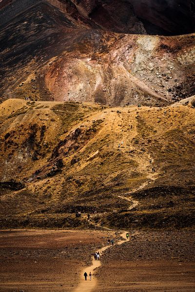 Wandelaars dalen af van de Rode Krater, Tongariro Alpine Crossing van Paul van Putten