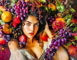 Elegante Frau mit Granatapfel-Trauben und Blumenkranz von ArtMomente