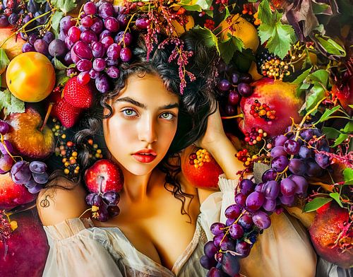 Une femme élégante avec des raisins grenadilles et une couronne de fleurs