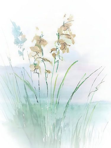 Gelassene Landschaftsmalerei: Gräser am Wasser