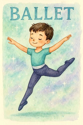 Kleine jongen danst (AI) (ballet, blij, stoer, jongenskamer, kinderkamer, speels, schilderij, aquarel, pastel, kinderkunst)