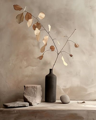 Earth & Elegance een stilleven met donkere vaas en natuurlijke stenen van Dutch Art Works