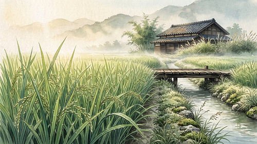 Morning Mist Over Japanese Rice Fields
