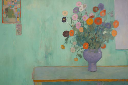 Stilleben einer Vase mit Blumen in überwiegend grünen Farbtönen