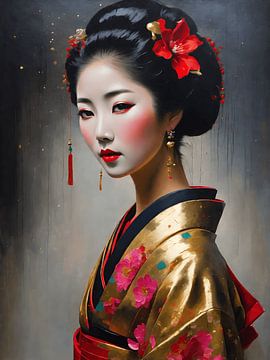 Een portret van de Japanse Geisha in gouden kimono van Jolique Arte