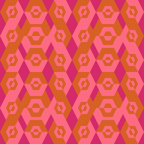 70s retro geometrisch patroon in neonroze, okergeel en lichtroze.