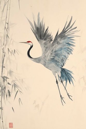 Kraanvogel in vlucht - elegante aquarelkunst