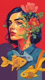 Surrealistic Portrait of Woman with Flowers and Fish by Digital Picture Art