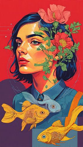 Surrealistic Portrait of Woman with Flowers and Fish