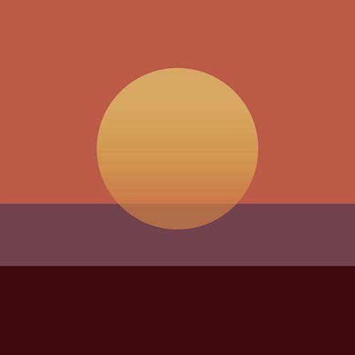 Coucher de soleil dans des tons chauds de terre cuite, de lilas et d'aubergine. Paysage géométrique abstrait sur Dina Dankers