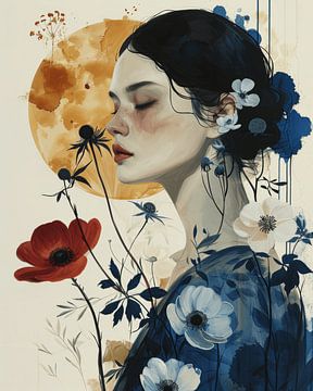 Dreamy portrait with flowers in yellow, red and blue by Carla Van Iersel