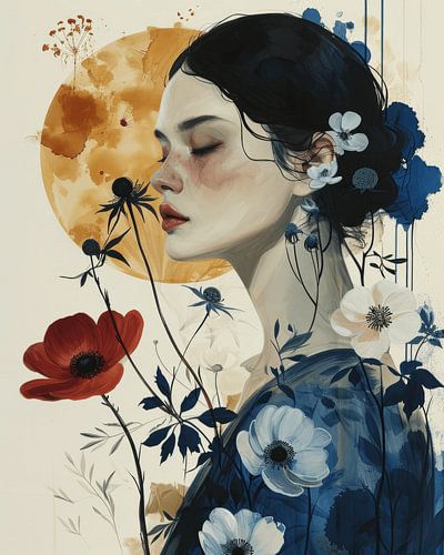 Dromerig portret met bloemen in geel, rood en blauw
