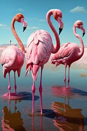 Flamingos Wasser Spiegelung Vögel rosa blau Natur See