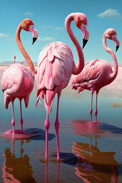 Flamingos water reflection birds pink blue nature lake by gm_designs