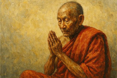 De stilte van wijsheid (oude monnik schilderij gebedshouding aardetinten spiritualiteit)
