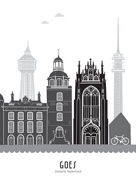 Skyline illustratie stad Goes zwart-wit-grijs van Mevrouw Emmer
