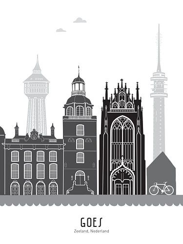 Skyline illustratie stad Goes zwart-wit-grijs