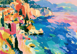 A colourful coastal scene with Mediterranean-style houses by the sea by Niklas Maximilian