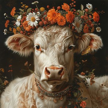 Décoration florale et idylle à la ferme : une vache avec une couronne de fleurs comme incarnation de la beauté rurale sur Felix Brönnimann