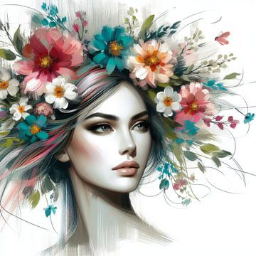 Portrait de femme avec des fleurs colorées dans les cheveux sur Jessica Berendsen