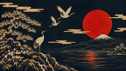 Japan Cranes Above Mount Fuji