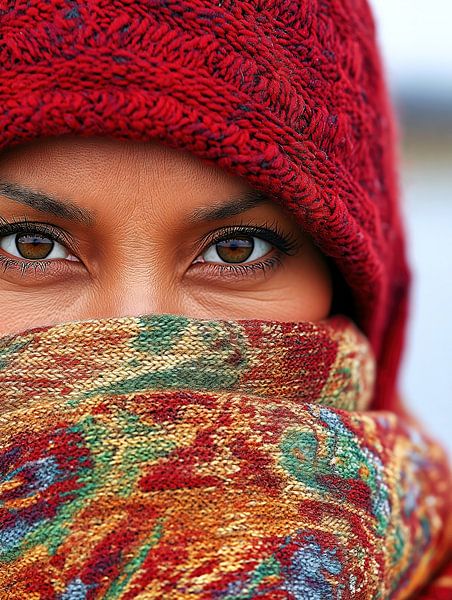 Winter portrait with red hat and scarf by Frank Heinz