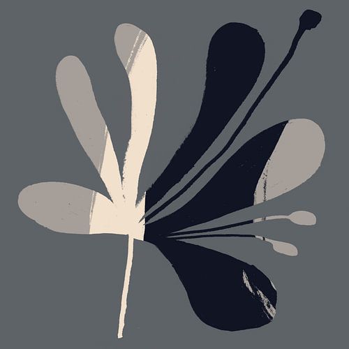 Abstrait botanique minimaliste. Fleur en noir et blanc sur fond gris.
