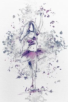 Ballet danseres met roze en lila tinten. Schilderij in aquarel stijl. van Emiel de Lange