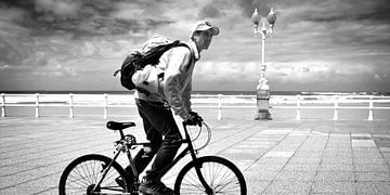 Cyclist on boulevard (black and white) by Rob Blok