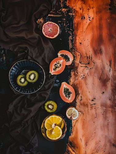 Nature morte aux fruits tropicaux dans des couleurs chaudes
