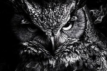 Mystical black-and-white owl portrait by Art & Soul Creations
