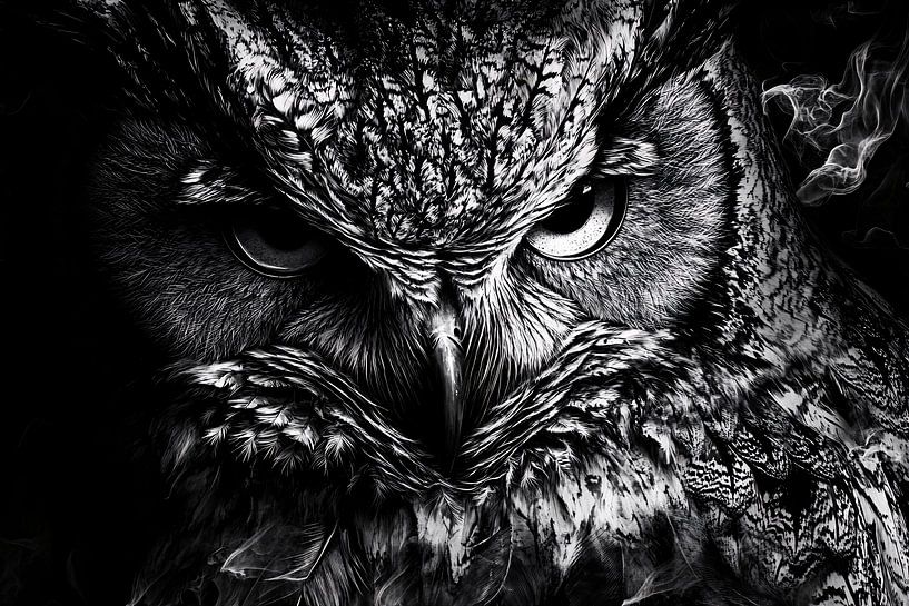 Mystical black-and-white owl portrait by Art & Soul Creations