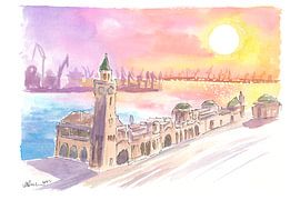St. Pauli Landungsbrücken in Hamburg bei Sonnenuntergang über den Docks von Markus Bleichner