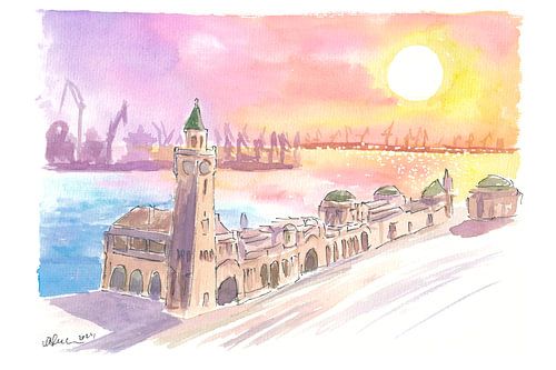 Pauli Landungsbrücken à Hambourg au coucher du soleil sur les docks