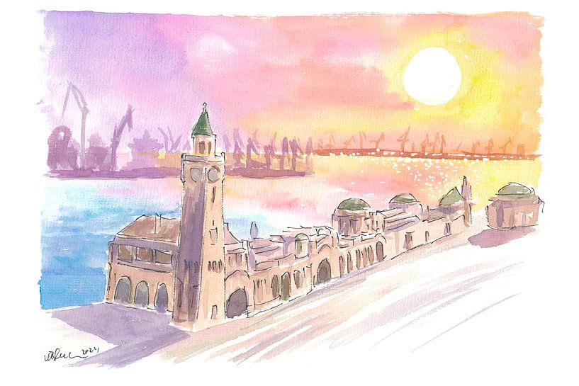 St Pauli Landungsbrücken in Hamburg bij zonsondergang over de haven van Markus Bleichner