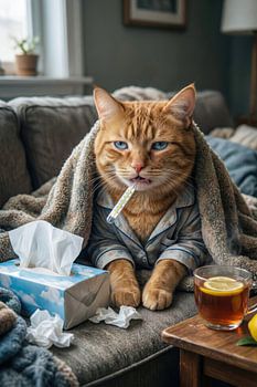 Cat in Pajamas Sick On Sofa