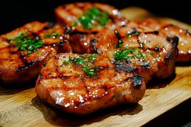 Saftige Grillschweinsteaks auf Holzbrett von Poster Art Shop