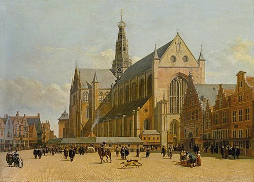 Het marktplein in Haarlem, kijkend naar de Grote Kerk, Gerrit Adriaensz. Berckheyde