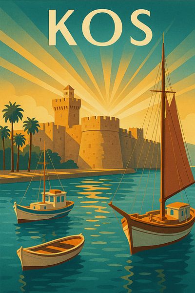 Kos Art Deco Poster - Hafenboote und Burgmauern von Travel Shop