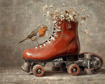 Patin à roulettes rétro avec rouge-gorge et fleurs séchées sur Emiel de Lange