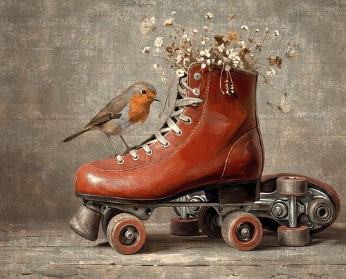 Retro rolschaats met roodborstje en droogbloemen