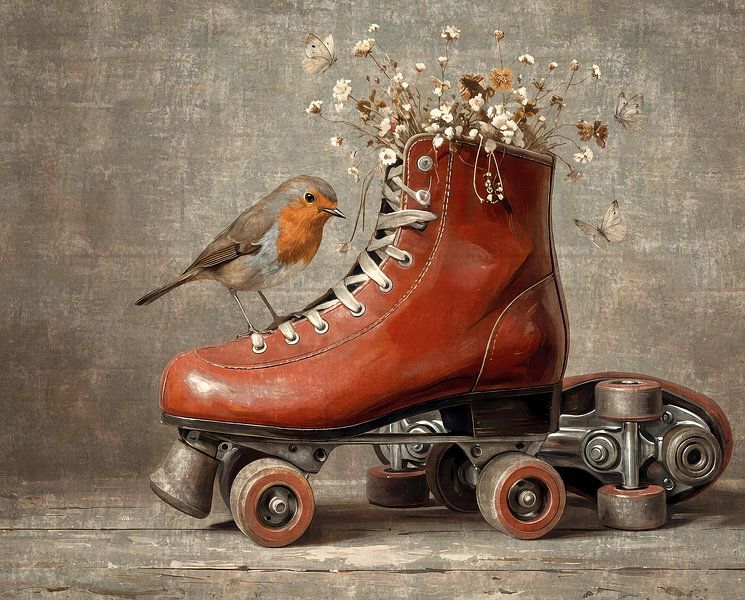 Retro-Rollschuh mit Rotkehlchen und Trockenblumen von Emiel de Lange