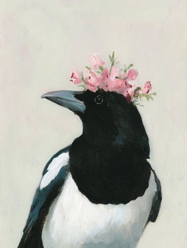 Magpie with pink flower crown in soft painting style