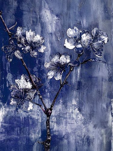 Abstrakter Zweig mit Kirschblüte in Delfter Blau
