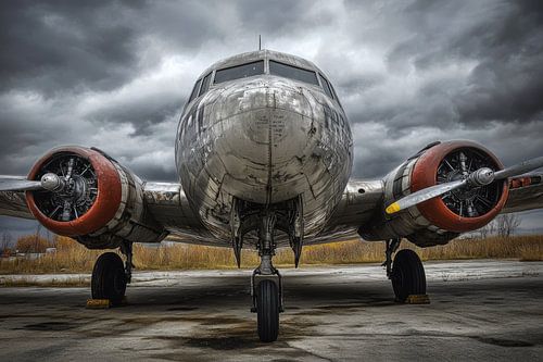 Oud vliegtuigwrak, bedekt met roest en veroudering
