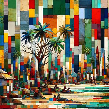 Mozaïek-collage mensen onder palmboom op strand van Lois Diallo