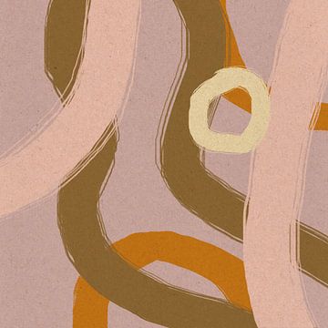 Modern abstract schilderij organische lijnen en vormen goud, mosterd roze