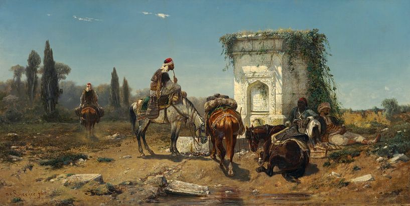 Adolf Schreyer,Arabs rest by a marble fountain by finemasterpiece